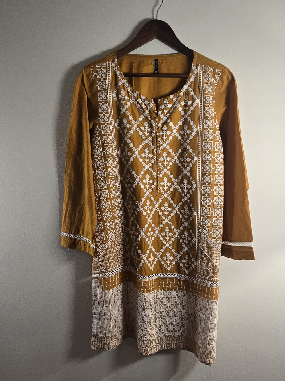 Beech Tree Embroidered Cotton Kurta in Mustard Gold & White Size 14